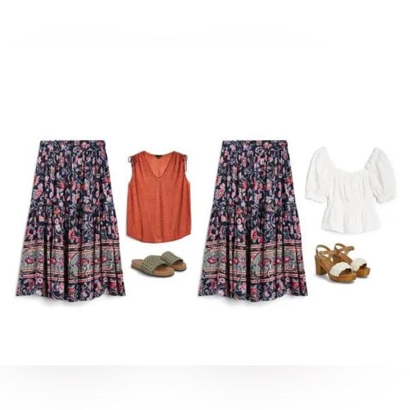 NWT BA&SH Bohemian Niels Gathered Paisley-Print Crepe Blue Midi Skirt Size L - Picture 3 of 13